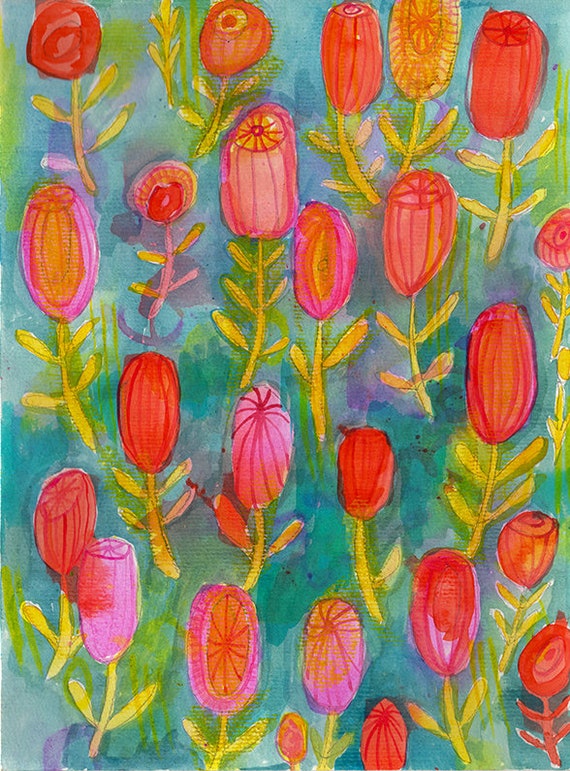 Pink and Yellow Floral Pattern Original mixed media painting on paper by Paula Mills botanical art decor