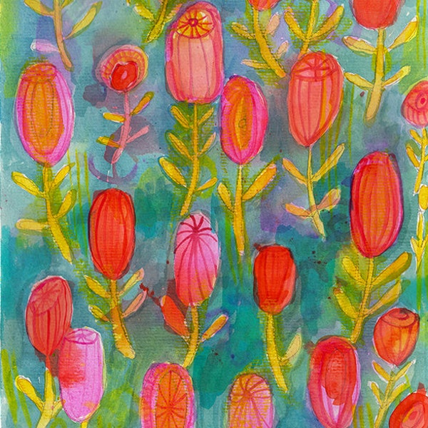 Pink and Yellow Floral Pattern Original mixed media painting on paper by Paula Mills botanical art decor