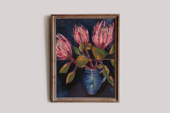 Pink Proteas in Blue Pot Wall Art Print Archival Limited Edition Botanical Wall Art Print Australian Native