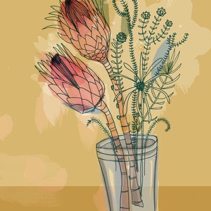 May include: A bouquet of pink protea flowers and green foliage in a clear glass vase on a yellow background.