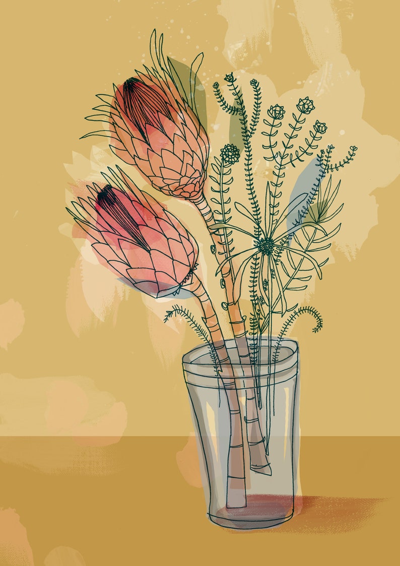 May include: A bouquet of pink protea flowers and green foliage in a clear glass vase on a yellow background.