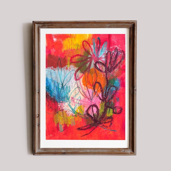Red Floral Shapes, Original Mixed Media Floral Drawing – Hand-Drawn Botanical Art, Nature Wall Decor