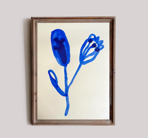 Blue Floral Shapes No. 2, Original painting on paper by Paula Mills, botanical art decor