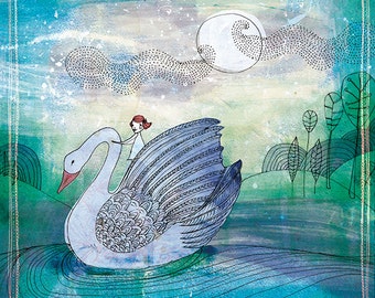 Pale Swan Ride Illustration Wand KunstDruck Kinder Dekor Aquarell Illustration