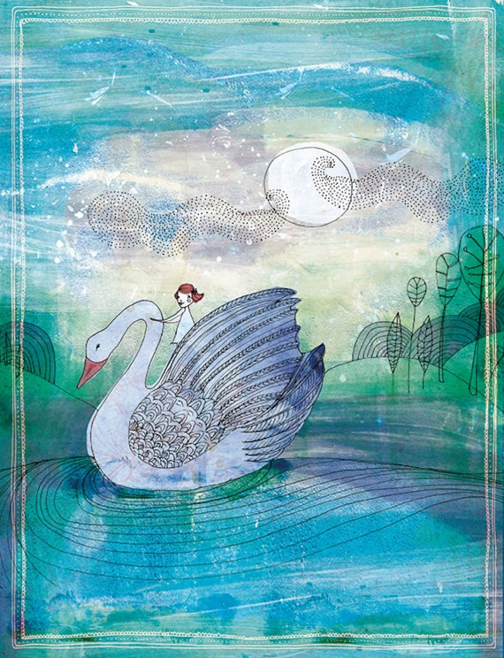 Pale Swan Ride  Illustration Wall Art Print kids decor watercolour illustration