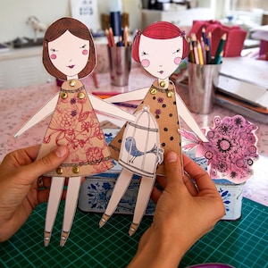 Printable Paper Dolls: Whimsical Girls Craft, Birdcage & Flowers (PDF Download) image 1