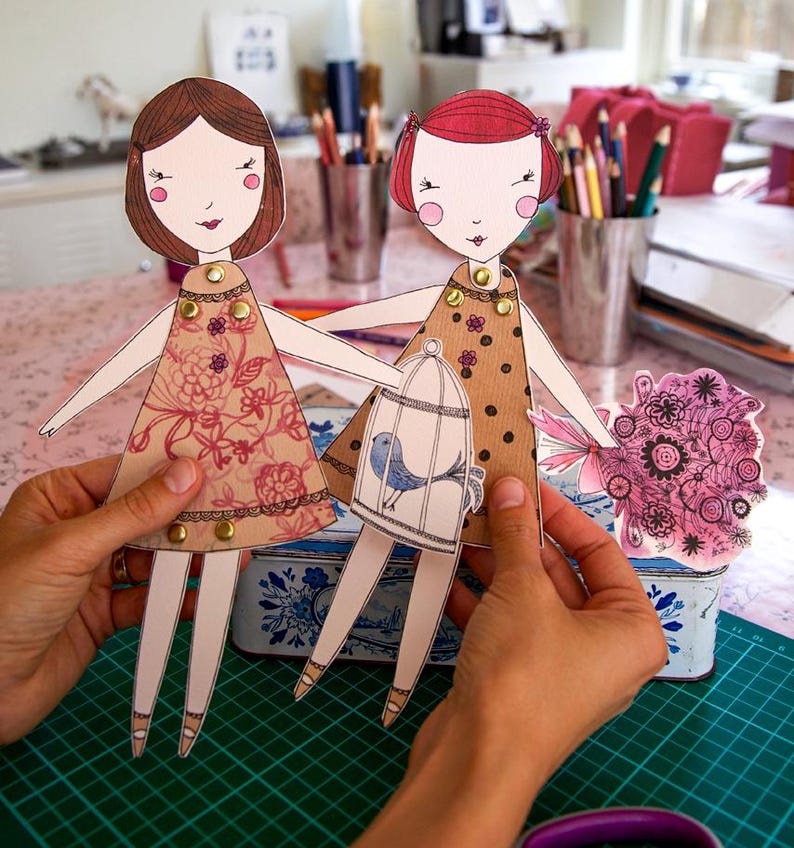 Printable Paper Dolls: Whimsical Girls Craft, Birdcage & Flowers (PDF Download) image 1