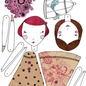 May include: A paper doll craft set featuring a girl's head, a skirt, arms, and a bird in a cage. The skirt has a brown background with black polka dots and pink flowers. The girl's head has red hair and a pink flower.