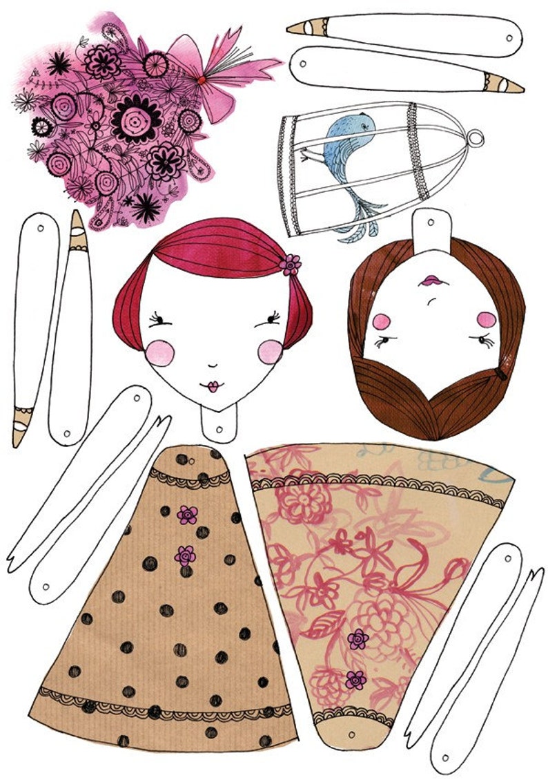 May include: A paper doll craft set featuring a girl's head, a skirt, arms, and a bird in a cage. The skirt has a brown background with black polka dots and pink flowers. The girl's head has red hair and a pink flower.