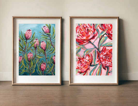 Set of 2 Floral Art Prints Protea and Waratah Botanical Australian Native  Flower Decor, Botanical Print, Archival Wall Art Unframed Print