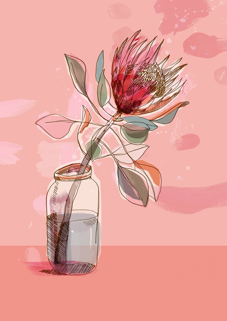 May include: A pink and red protea flower in a clear glass jar with a pink background.