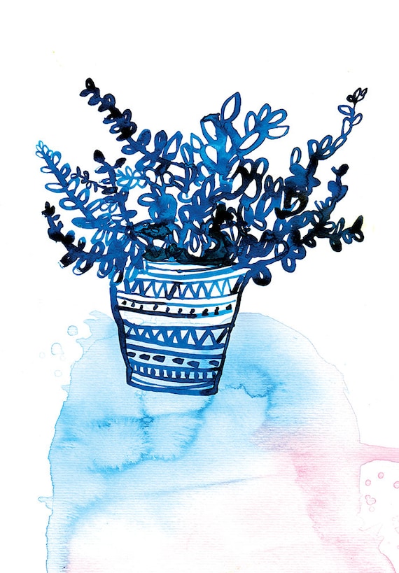 Blue Pot Unframed Wall Art Print Botanical Wall Art Decor