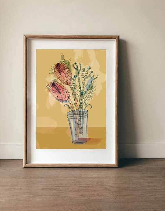 Jar of Proteas Print, Flower Wall Art, Flower Decor, Botanical Native Print, Protea Painting Archival Print