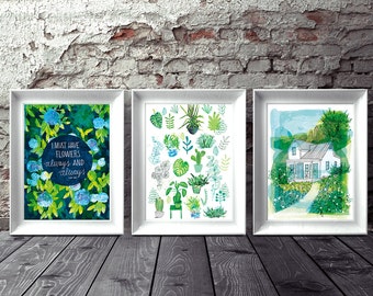 Happiness of Home  Set of 3 Wall Art prints hand drawn illustration