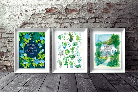 Happiness of Home  Set of 3 Wall Art prints hand drawn illustration