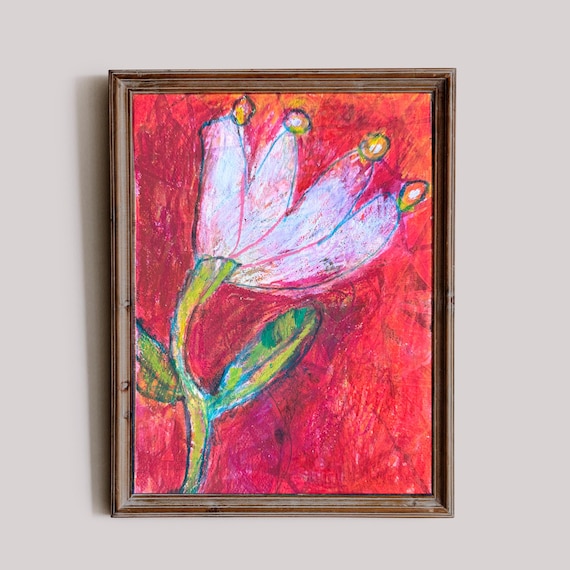 Big White Flower Original mixed media drawing on paper by Paula Mills, botanical art decor