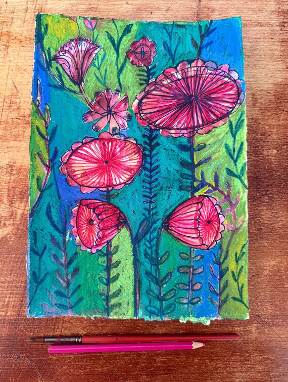 Pink Tulips On Green, Original mixed media drawing on paper by Paula Mills, botanical art decor
