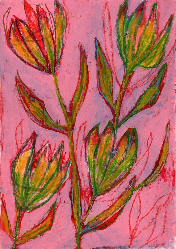 Pink Fynbos Original Mixed Media Painting Botanical Wall Art