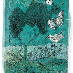 Gravura artística botânica da natureza selvagem: caneta, tinta e colagem.