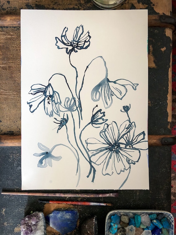 Original watercolour painting Simple Blue Flowers artwork by Paula Mills Botanical Wall Art