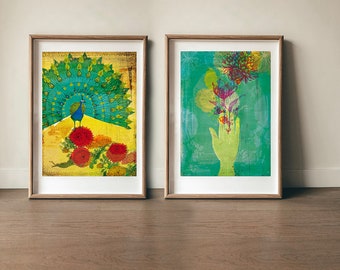 Set of 2  Wall Art Prints Peacock and Gift Botanical art decor Flower Illustration Flower Decor, Botanical Archival Wall Art Unframed Print