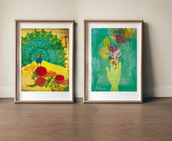 Set of 2  Wall Art Prints Peacock and Gift Botanical art decor Flower Illustration Flower Decor, Botanical Archival Wall Art Unframed Print