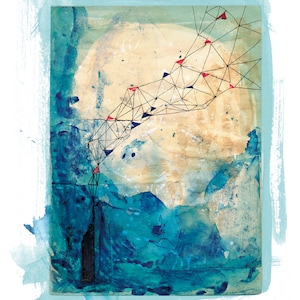 Impressão artística de parede em colagem azul, estilo arquivo, por Paula Mills. Decoração de arte abstrata.