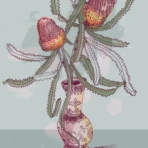 May include: A hand-drawn illustration of a bouquet of pink and yellow Banksia flowers in a decorative vase with a floral pattern. The vase is on a light blue background.