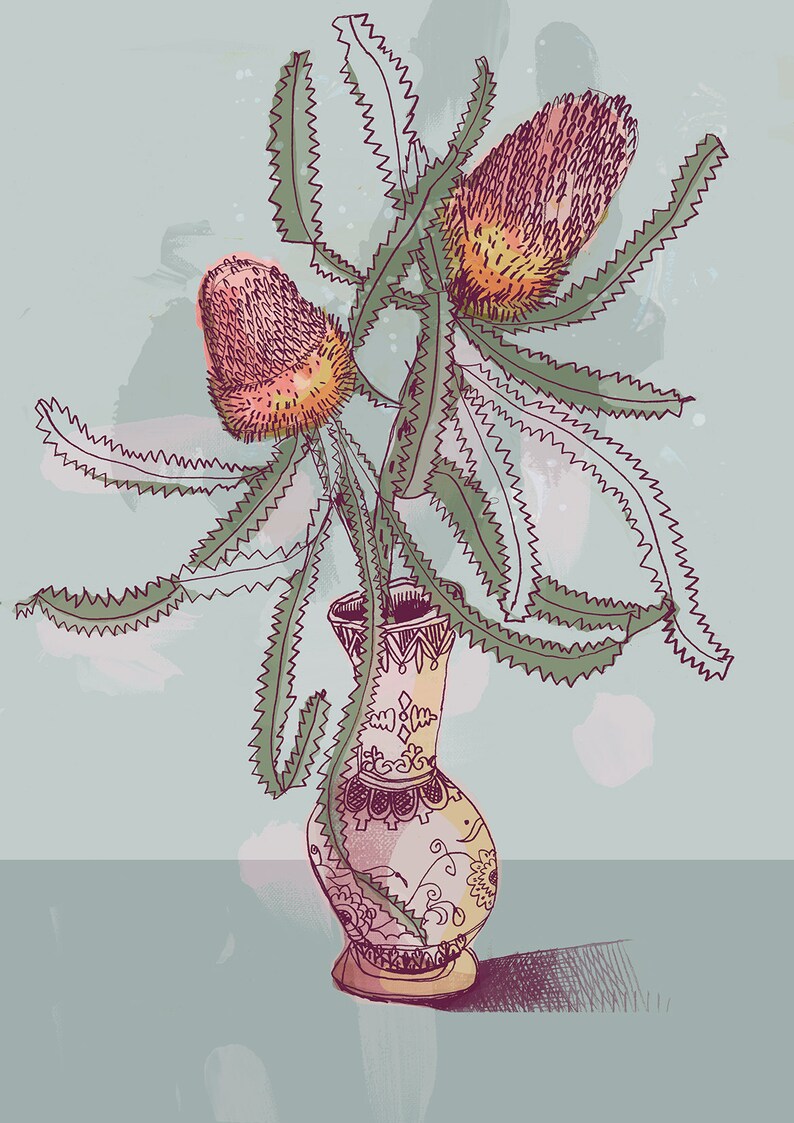 May include: A hand-drawn illustration of a bouquet of pink and yellow Banksia flowers in a decorative vase with a floral pattern. The vase is on a light blue background.