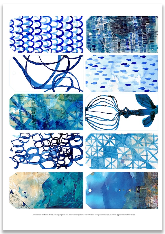 Inky Blue Gift Tags Printable Digital Download Set of 10, scrapbooking, junk journal, printable collage, printable paper craft