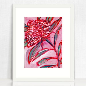 May include: A painting of a red flower with green leaves on a pink background.