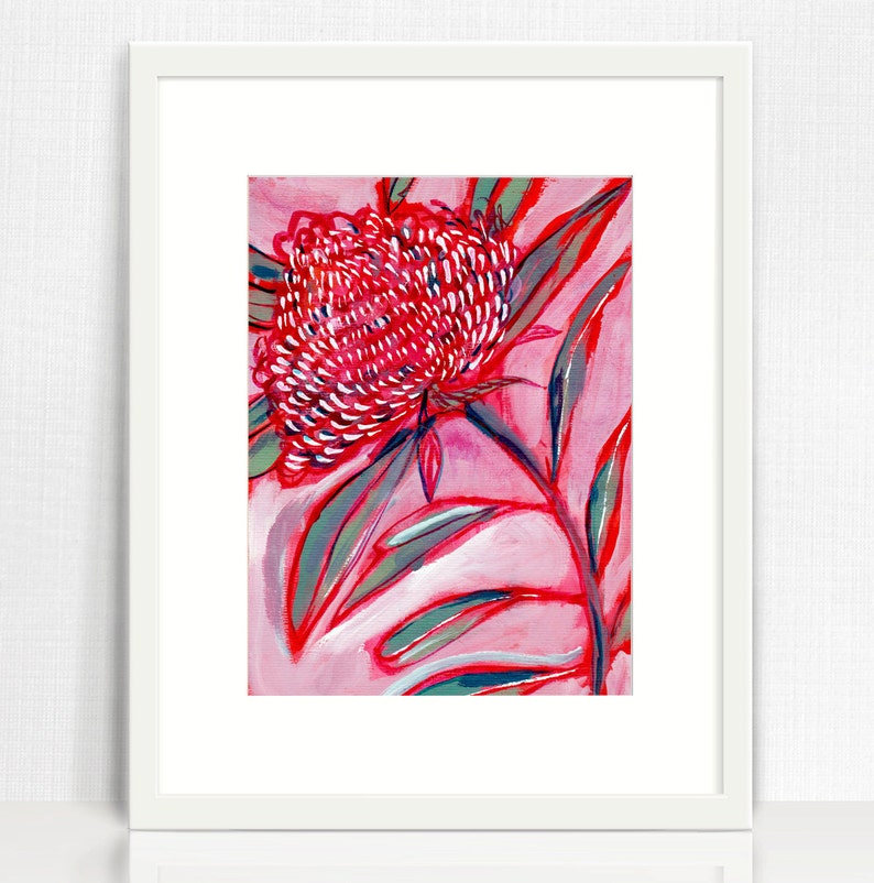 May include: A painting of a red flower with green leaves on a pink background.