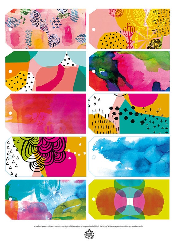 Bright Gift Tags Printable Digital Download Set of 10 tags, for scrapbooking, junk journal, printable collage, printable paper craft