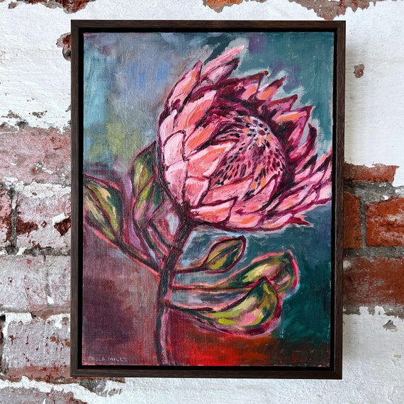 King Protea In Pink framed original oil painting on canvas