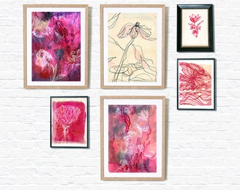 Instant Collection Gallery Wall Set of 6 Pink Wall Art Prints  botanical illustration