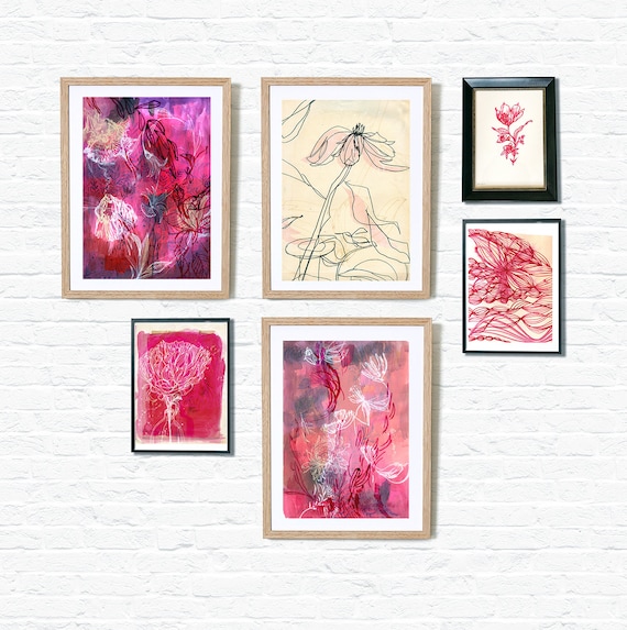 Instant Collection Gallery Wall Set of 6 Pink Wall Art Prints  botanical illustration