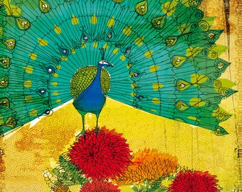 Peacock Wall Art Print illustration  turquoise and yellow art Flower Decor, Botanical Print, Archival Wall Art Unframed Print