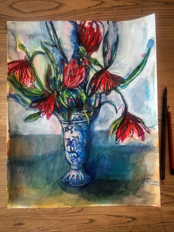 Red Flowers in Blue China Vase original watercolour, mixed media and ink painting on paper artwork by Paula Mills Wall Art