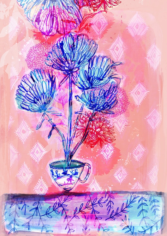 Calming Tea Floral Archival Wall Art Print - half price - vertical unframed print