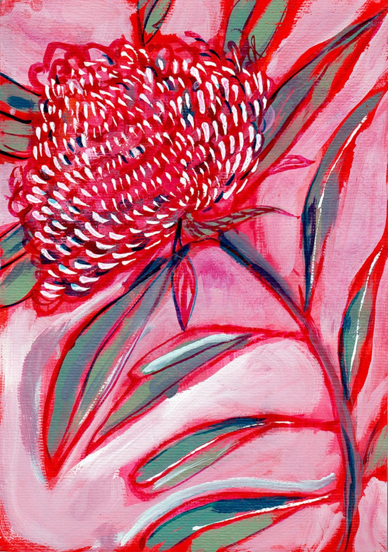 May include: A painting of a red flower with white accents and green leaves on a pink background.