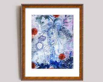 Paper Daisies in Blue and Red Wall Art Print Watercolour and Ink Painting Print