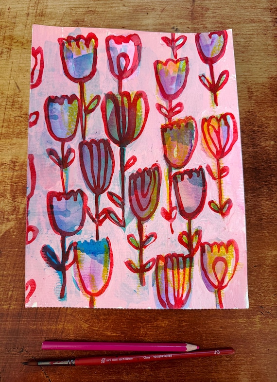 Red Tulips Pattern, Original mixed media drawing on paper by Paula Mills, botanical art decor