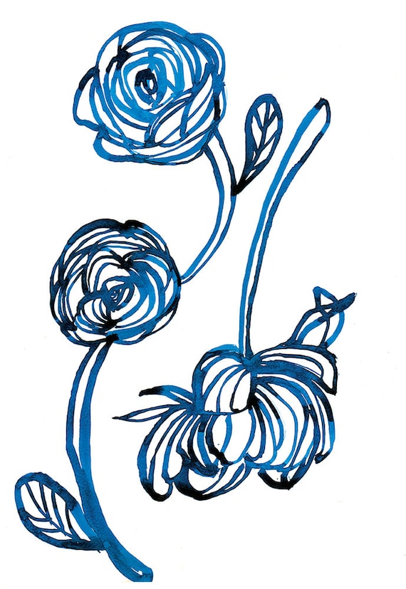 Blue Rose Wall Art Print botanical watercolour illustration Floral decor
