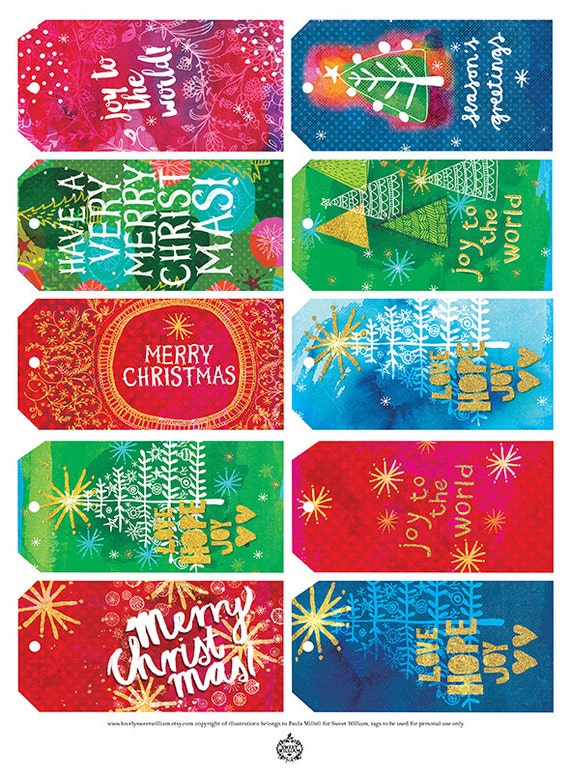 Christmas Gift 10 Tags - Digital Download tags, colourful, Christmas red, green, gold, junk journal, digital collage