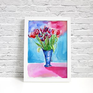 Spring Tulips Wall Art Print botanical watercolour illustration in blue and pink ink floral decor image 2