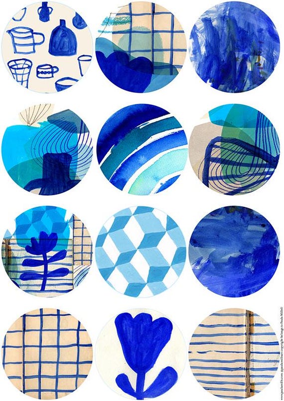 Blue Abstract Circular Printable Tags, Instant Digital Download, 12 gift tags for journaling, craft projects, junk journals,