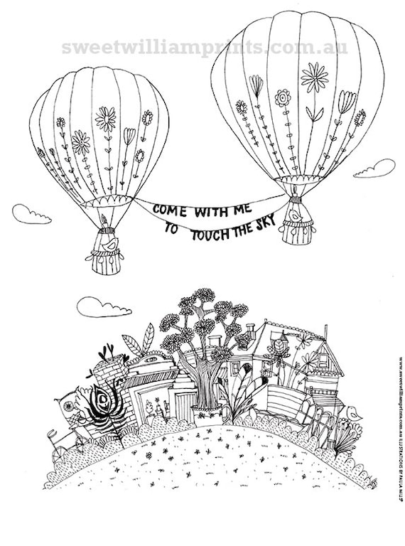 Colouring in page printable illustration instant download Touch The Sky