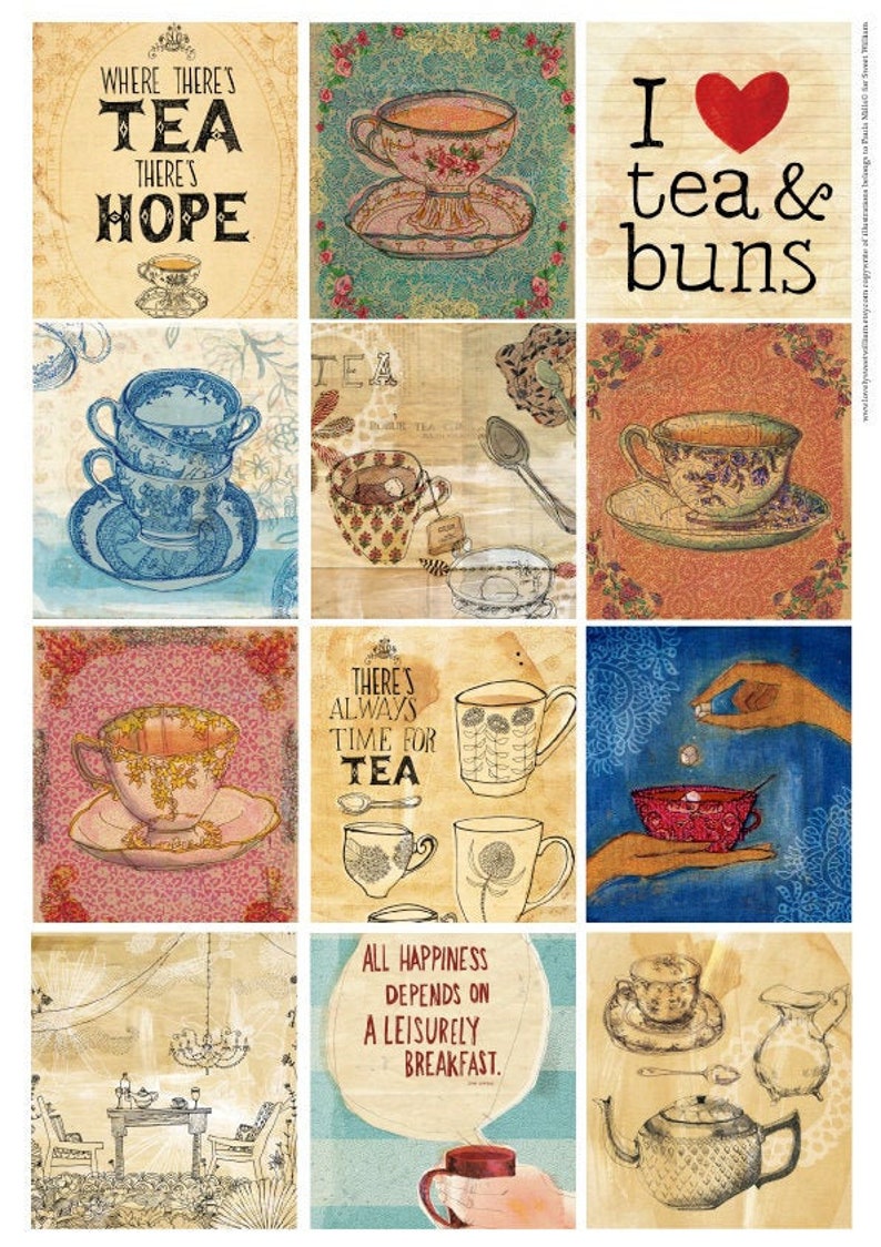 Tea Time Tags Instant Digital Download Set of 12 printable tags, scrapbooking, junk journal, printable collage, printable paper craft image 1