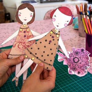 Printable Paper Dolls: Whimsical Girls Craft, Birdcage & Flowers (PDF Download) image 2