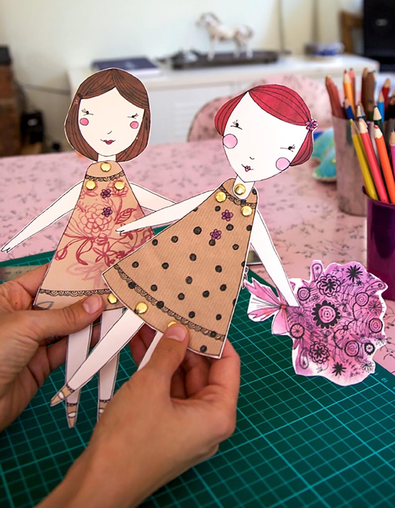 Printable Paper Dolls: Whimsical Girls Craft, Birdcage & Flowers (PDF Download) image 2